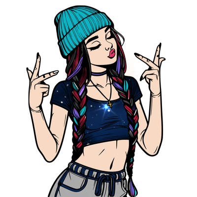 realistic teenage girl with braids and a beanie and crop top doing 🫶🏼