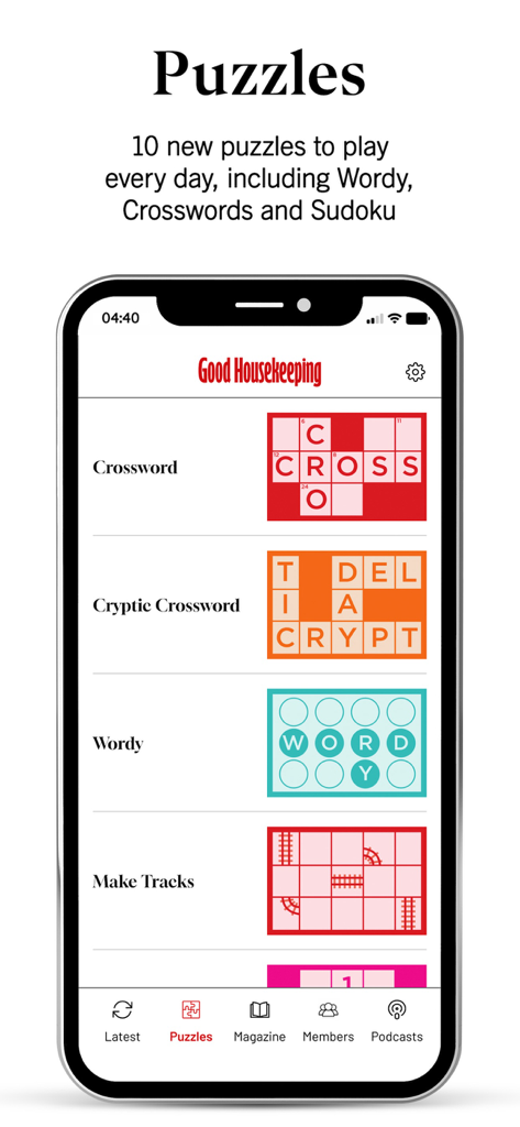 Good Housekeeping UK - A smartphone displaying the puzzles section of the Good Housekeeping UK app with options for crosswords and word games.