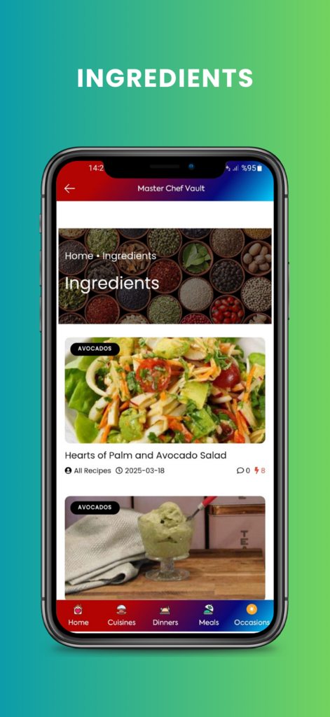 Master Chef Vault: Recipes - Pantalla de smartphone de la aplicación de recetas Master Chef Vault mostrando una ensalada saludable de aguacate bajo la categoría de ingredientes.