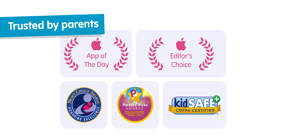 Sago Mini First Words app awards and certifications including Apple Editors Choice and kidSAFE COPPA Certified