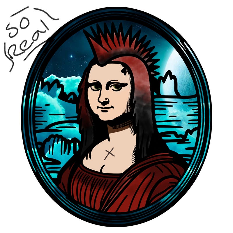 leonardo da vinci's "mona lisa" with punk hairstyle, realistic, thin borders