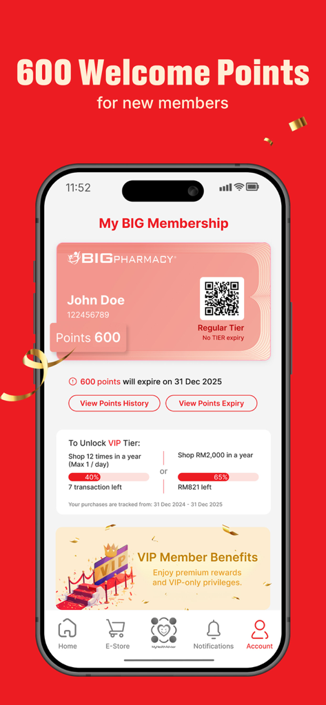 BIG Pharmacy - BIG Pharmacy app membership screen showing loyalty points and VIP tier progress
