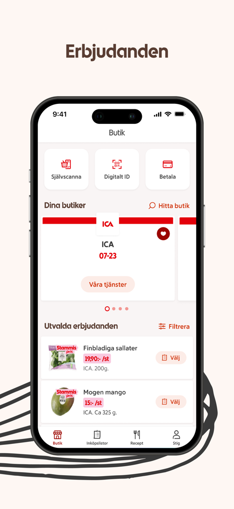 ICA – recept och erbjudanden - ICA grocery app showing store services and personalized member offers