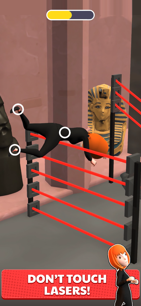 Move People - Jugabilidad de la app Move People mostrando a un personaje siendo posado para navegar a través de rayos láser rojos en un museo