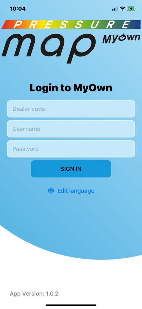 My-Own - プロのバイクフィッターおよび小売業者向けのPressure Map MyOwnアプリのログイン画面。