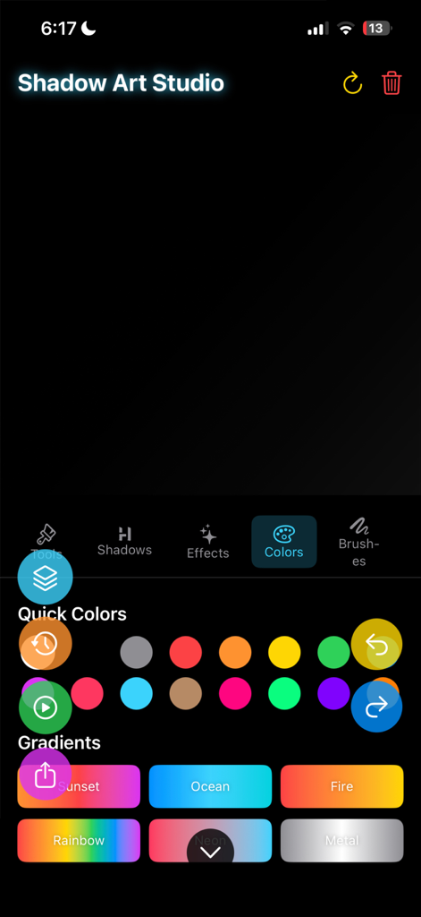 Shadow Draw - Shadow Art Studio interface showing color palette and gradient options for digital drawing