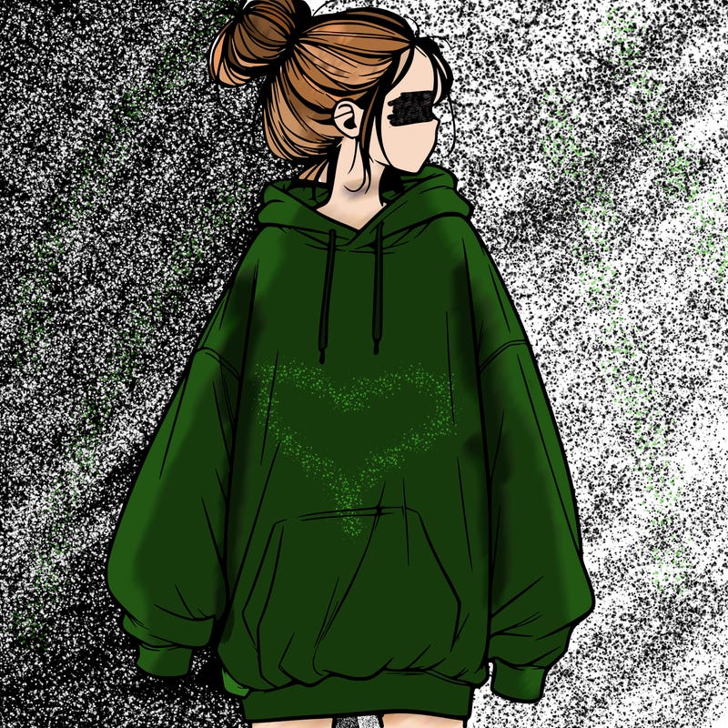 realistic girl with a oversized sweatshirt on and a bun