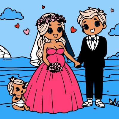 pregnant woman that has a baby and getting married at the beach