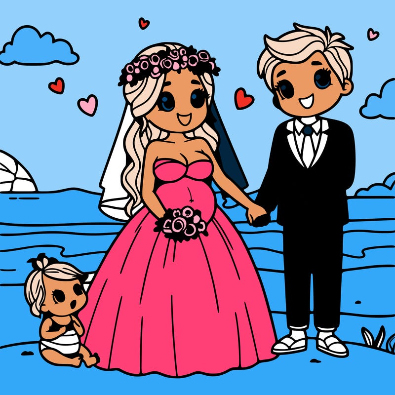 pregnant woman that has a baby and getting married at the beach