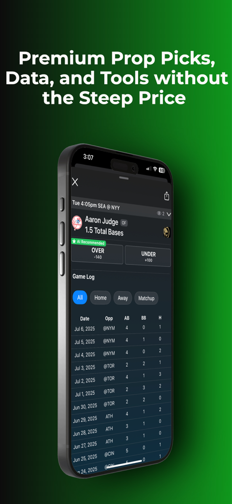 Props Optimizer app screen showing AI recommended player prop and detailed game log for baseball