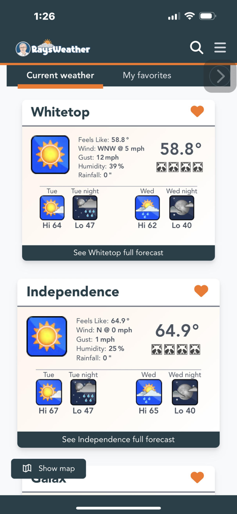 RaysWeather.Com Mobile - RaysWeather mobile app displaying current weather conditions and forecasts for Whitetop and Independence locations.