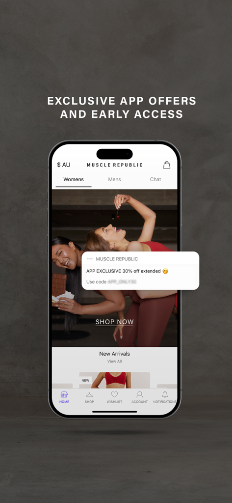Smartphone displaying the Muscle Republic app with an exclusive thirty percent off discount notification and early access offers