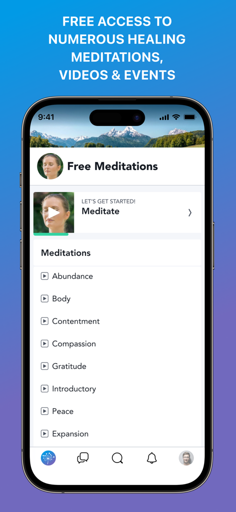 Gupta Program Brain Retraining - Uma tela de smartphone exibindo uma lista de meditações gratuitas no aplicativo Gupta Program, incluindo temas como corpo abundante e gratidão.