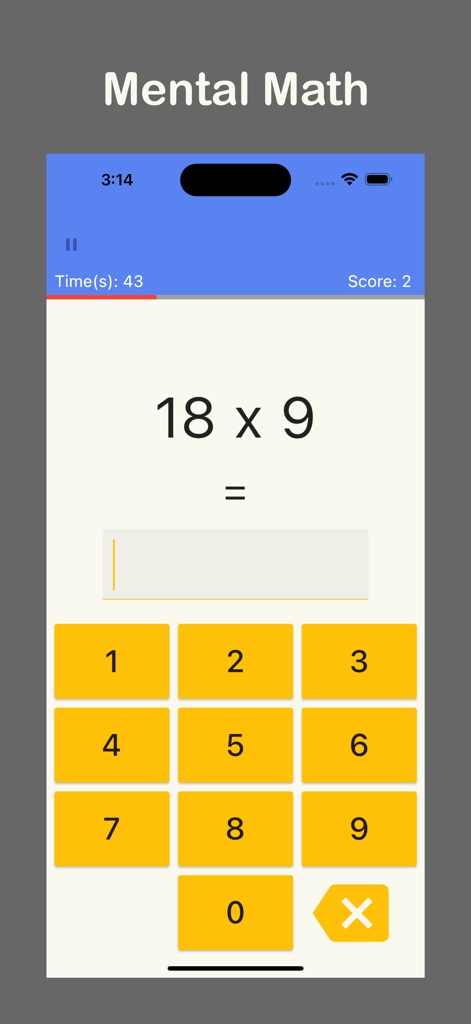 Brain Sharp: Memory & Math - Captura de pantalla de la aplicación Brain Sharp que muestra un ejercicio de multiplicación de matemáticas mentales con un teclado numérico.