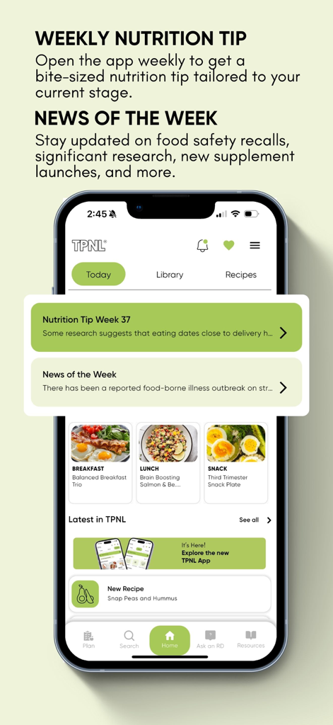 The Prenatal Nutrition Library - The Prenatal Nutrition Library app interface showing weekly nutrition tips and stage-specific meal ideas.