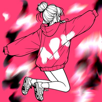 realistic girl jumping with a bun and oversized sweatshirt