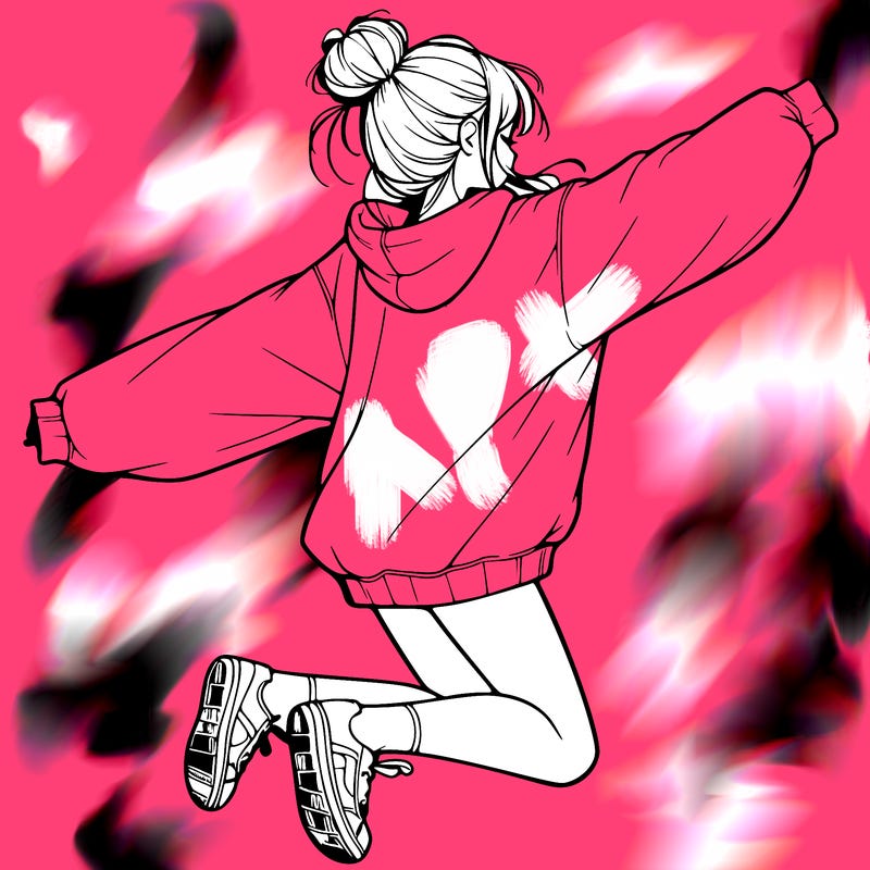 realistic girl jumping with a bun and oversized sweatshirt