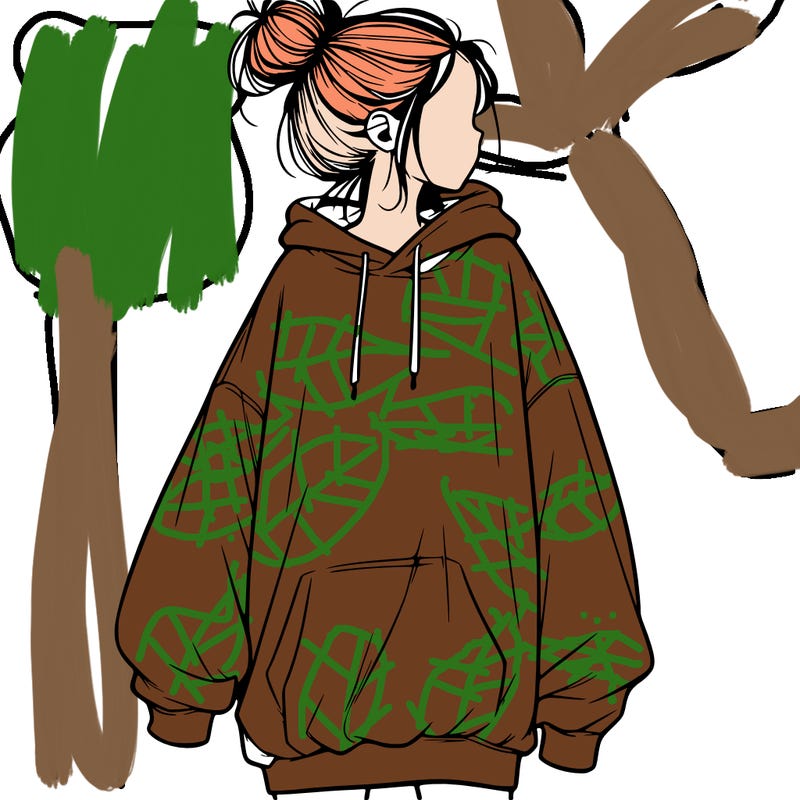 realistic girl with a oversized sweatshirt on and a bun