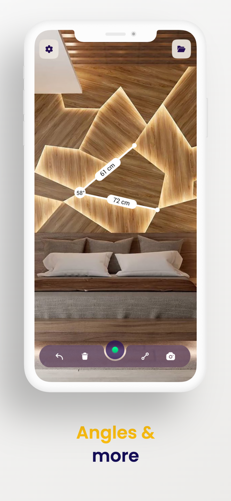 Measure Tools: AR Ruler Camera - Interfaz de la aplicación Herramientas de Medición mostrando mediciones de ángulo y longitud en una pared decorativa de dormitorio.