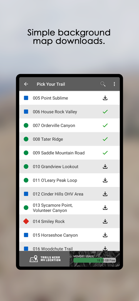 FunTreks 4x4 Offroad Trails - A list of offroad trails in the FunTreks app showing difficulty ratings and background map download status