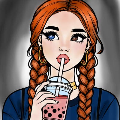 realistic girl with braided hair drinking boba