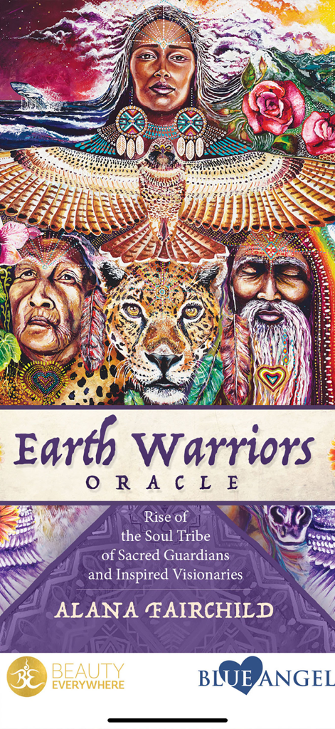Earth Warriors Oracle Cards - Title screen of the Earth Warriors Oracle Cards app featuring colorful spiritual artwork with tribal figures and a jaguar.
