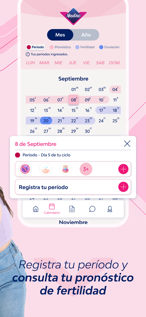 Nosotras V-App - Nosotras V-App menstrual calendar screen showing period and fertility tracking in Spanish