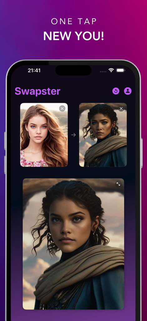 Face Swapster app interface showing an AI face swap between a portrait and a movie character
