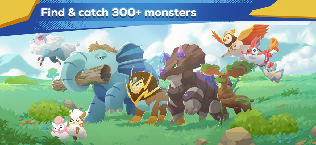 EvoCreo2: Monster Trainer RPG - Un grupo diverso de monstruos coloridos parados en un campo de hierba de EvoCreo 2.