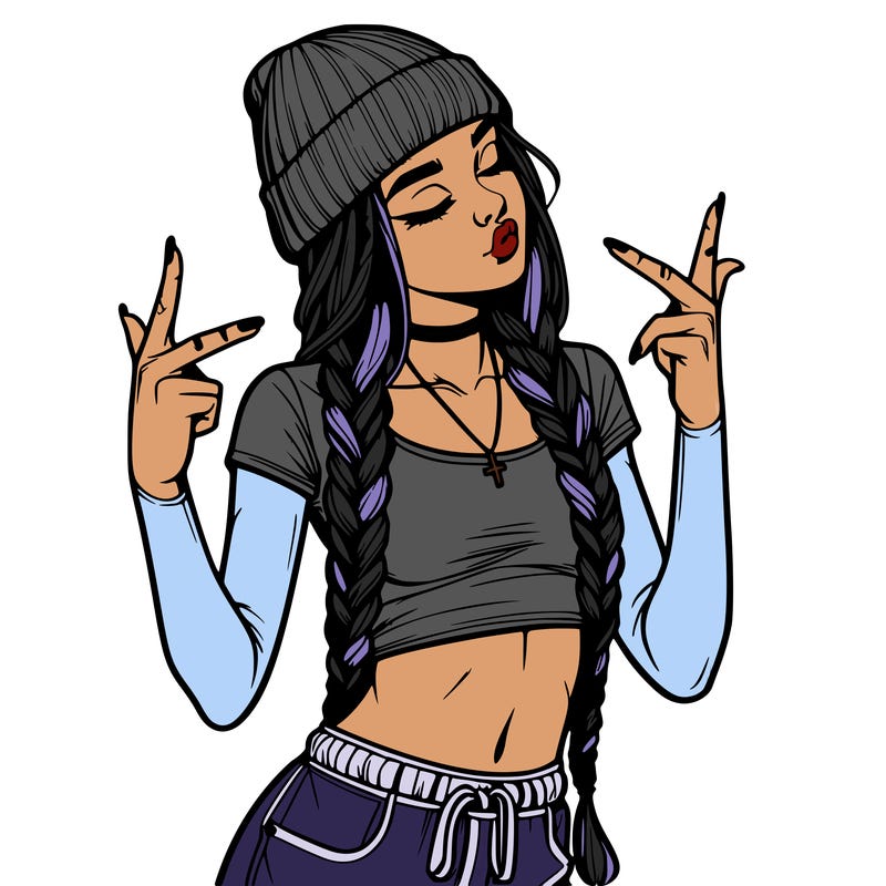 realistic teenage girl with braids and a beanie and crop top doing 🫶🏼
