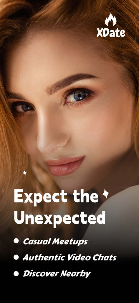 Adult Flirt Meetup App - XDate - Pantalla promocional de la aplicación XDate con el retrato de una mujer y texto sobre encuentros casuales y chats de vídeo