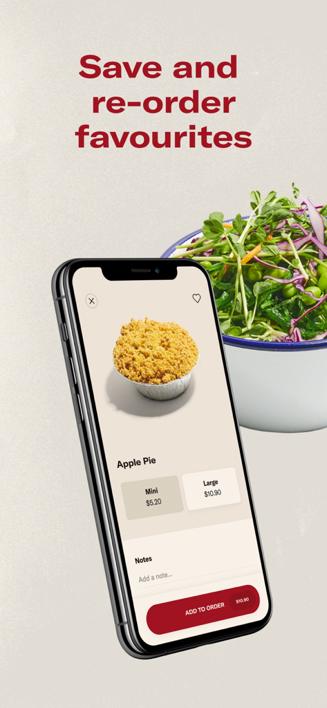 Chargrill Charlie's mobile app screen showing an Apple Pie order with a bowl of fresh green salad in the background