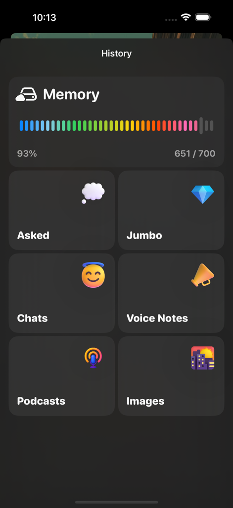 ChatBae AI - Ask Anything - ChatBae AI app interface displaying history and memory status with feature icons