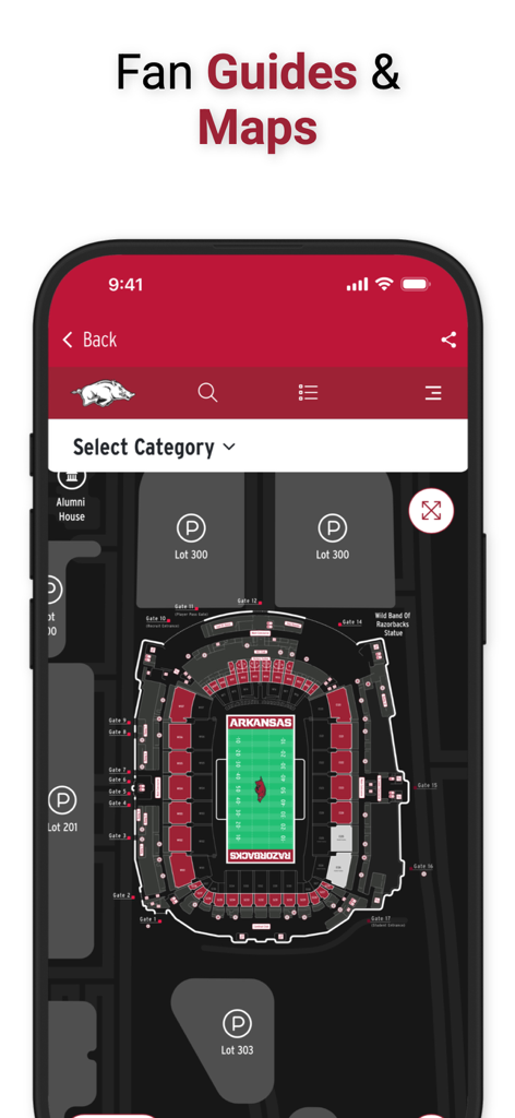 Arkansas Razorbacks - Arkansas Razorbacks mobile app showing an interactive stadium and parking map