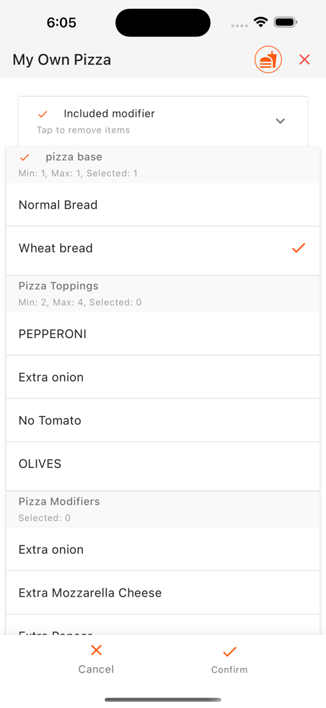 Digitory DigiPoS - Digitory DigiPoS mobile App-Oberfläche, die die Auswahl von Pizzaböden und Belägen anzeigt