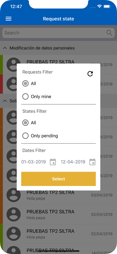 Epsilon 3 Mobile - A mobile interface for Epsilon 3 Mobile showing a request filter overlay with options for user, status, and date range over a list of employee requests