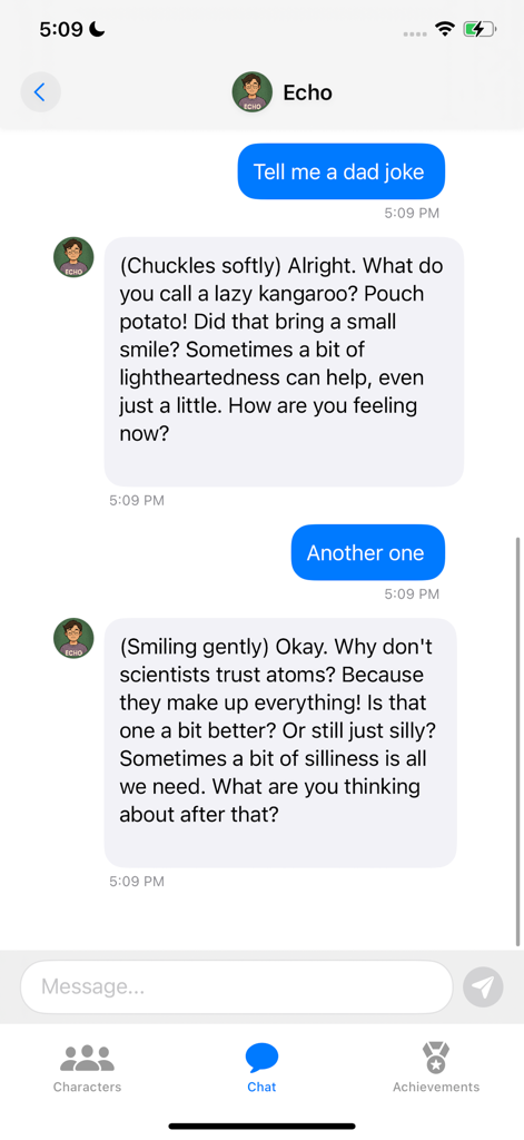 SoulTalk AI app chat interface showing a friendly conversation with an AI companion named Echo.
