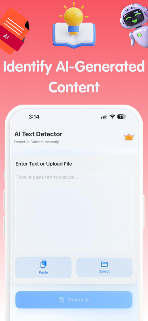 ユーザーが分析のためにコンテンツを貼り付けたりアップロードしたりできるAIテキスト検出アプリのインターフェース