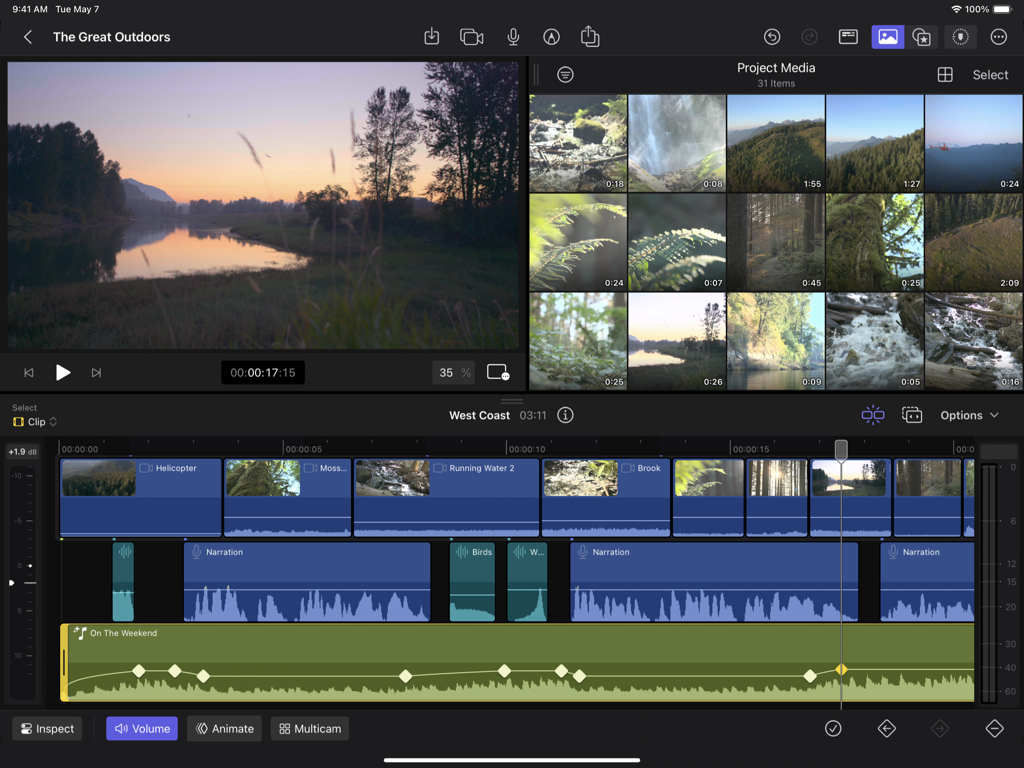 The professional video editing interface of Final Cut Pro for iPad showing a magnetic timeline with multiple video and audio tracks alongside a media library and preview window.