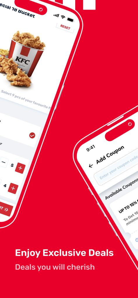 KFC Qatar - KFC Qatar mobile app showing chicken bucket meal selection and coupon code entry screen
