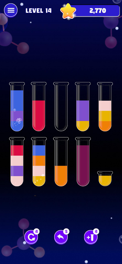 Water Sort: Color Master - A mobile game screenshot of Water Sort Color Master showing various test tubes filled with multicolored liquids to be sorted on a dark blue background.