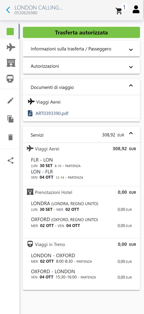 BTTool - Interfaccia dell'app BTTool che mostra un itinerario di viaggio d'affari confermato con dettagli di volo e hotel