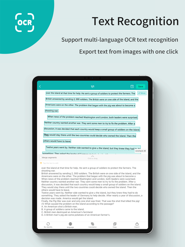 Interfaccia dell'app WorldScan HD che mostra il riconoscimento e l'estrazione del testo OCR su un iPad