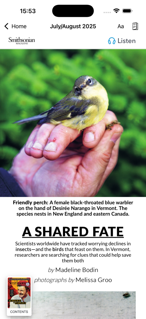 Smithsonian Magazine - Digital article in the Smithsonian Magazine app about bird conservation showing a warbler perched on a hand