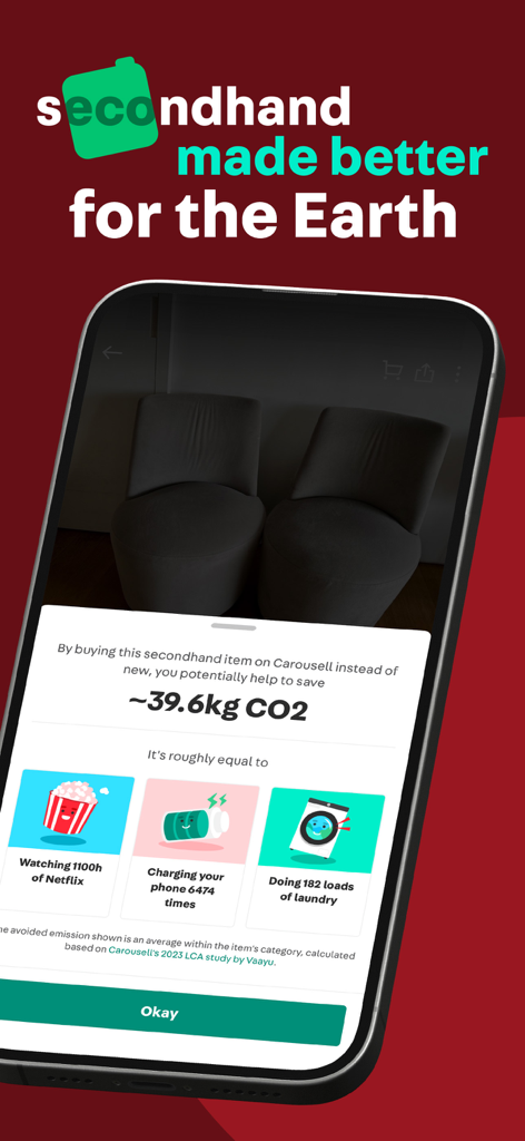 Carousell app interface showing the CO2 savings and environmental impact of buying secondhand items
