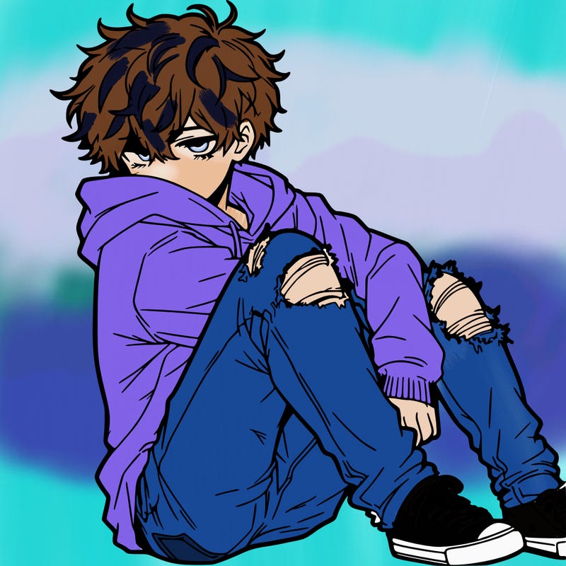 a male hoddie ripped jeans messy hair anime