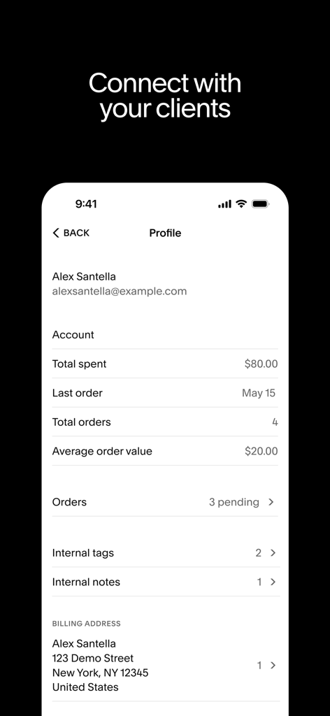 Squarespace: Run your business - Interface de l'application Squarespace montrant un profil client détaillé avec l'historique des commandes et l'adresse de facturation.