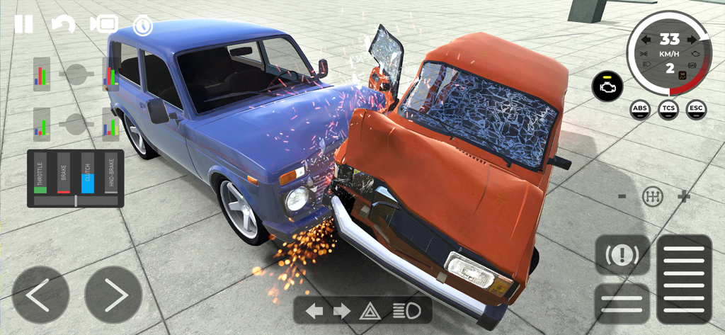 Beam Drive Crashes Original 3D - A blue SUV and orange sedan crashing head-on with sparks and visible damage