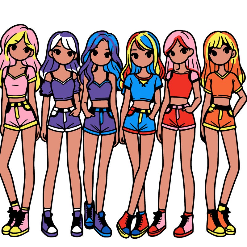 a group of girls wearing crop tops and shorts