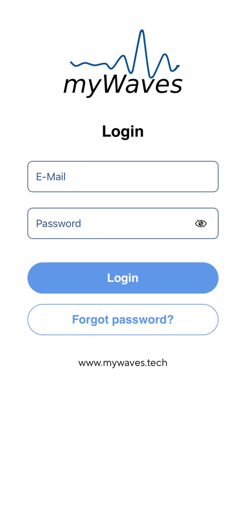 myWaves App - Tela de login para o aplicativo myWaves com campos de entrada de e-mail e senha
